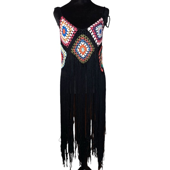 Women’s Boho Granny Square Bathing Suit Cover Up Multi Color Long Fringe NWOT - Picture 2 of 6